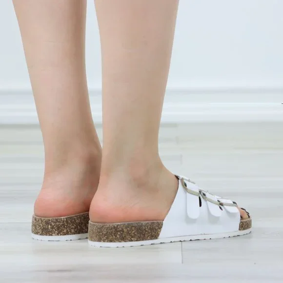 White Adjustable Triple Buckle Footbed Sandals - Picture 8 of 11